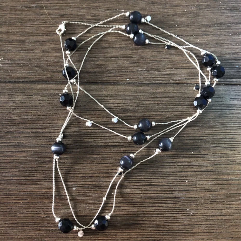 Sliver Metal with black bead long necklace